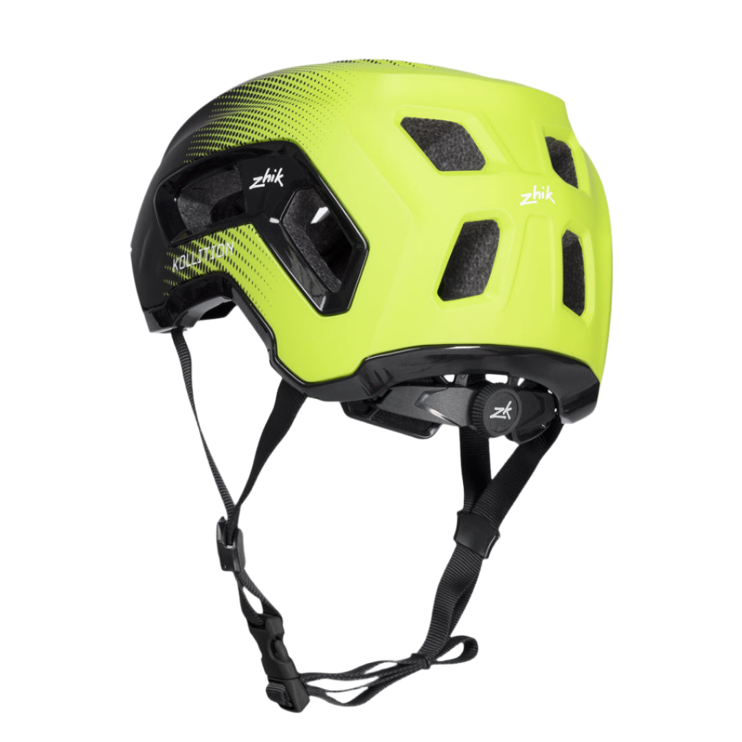 A black and green Zhik Kollition Helmet with yellow accents, featuring large ventilation ports and a cushioned internal lining.