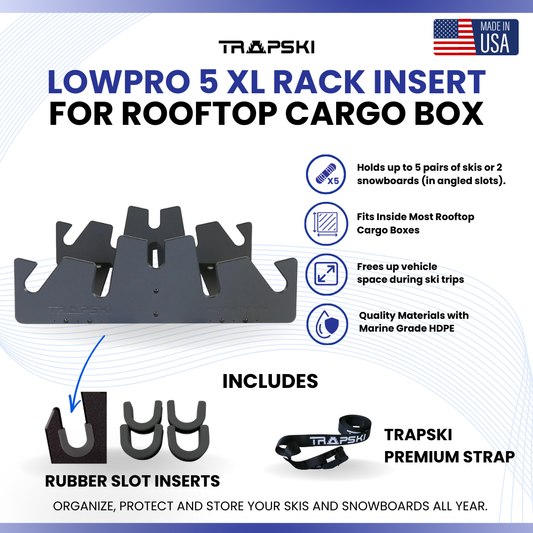 TRAPSKI LowPro 5 XL Ski and Snowboard Rack Insert for Rooftop Cargo Box | High Quality Marine Grade HDPE Plastic | Premium Strap Included | 3 Year Warranty | Made in the USA | Veteran Owned Business