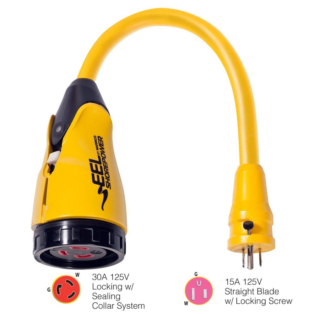 Marinco P15-30 EEL 30A-125V Female to 15A-125V Male Pigtail Adapter - Yellow | SendIt Sailing