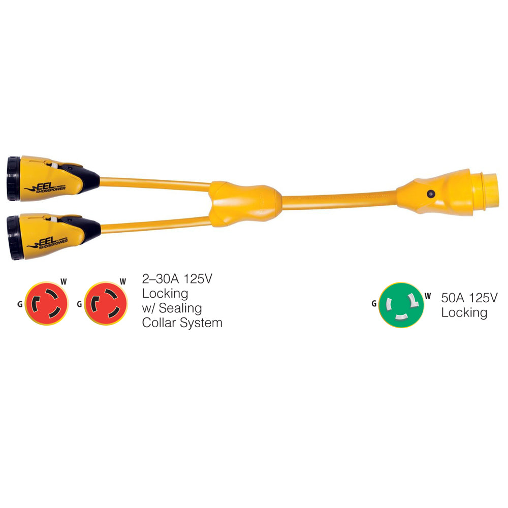 Marinco Y503-2-30 EEL (2)-30A-125V Female to (1)50A-125V Male - Y Adapter - Yellow | SendIt Sailing
