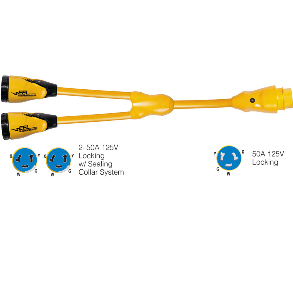 Marinco Y504-2-504 EEL (2)50A-125/250V Female to (1)50A-125/250V Male Y Adapter - Yellow | SendIt Sailing