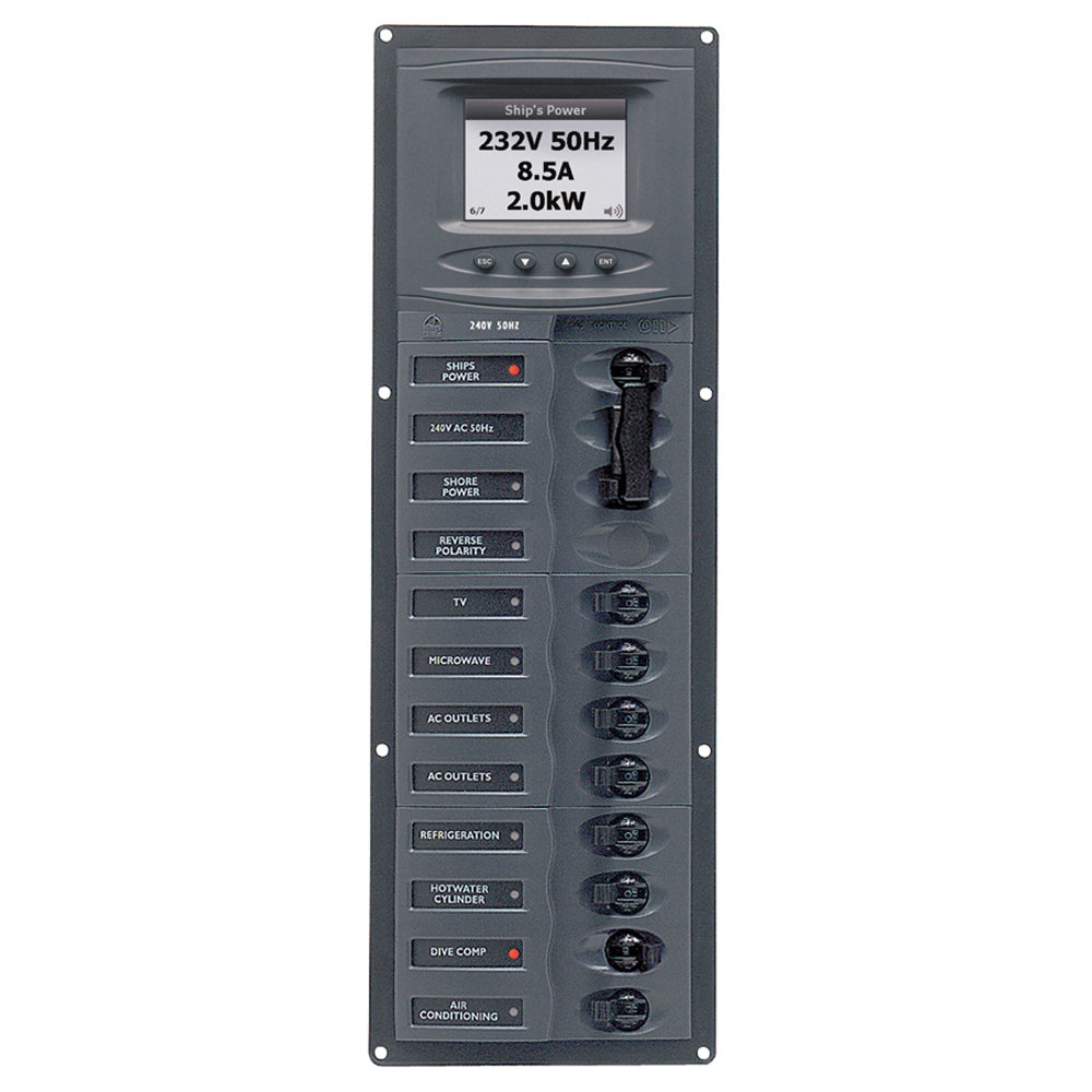 BEP AC Circuit Breaker Panel with Digital Meters, 8SP 2DP AC230V ACSM Stainless Steel Vertical | SendIt Sailing