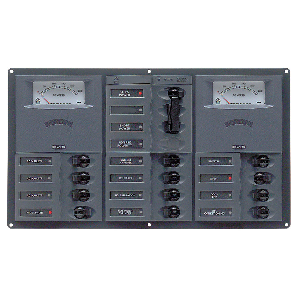 BEP AC Circuit Breaker Panel with Analog Meters, 12SP 2DP AC230V Stainless Steel Horizonal | SendIt Sailing