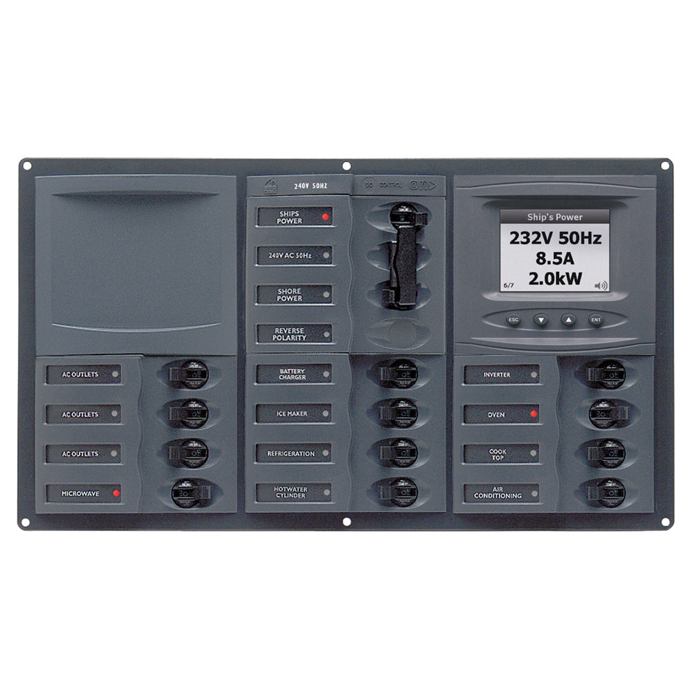 BEP AC Circuit Breaker Panel with Digital Meters, 12SP 2DP AC230V ACSM Stainless Steel Horizontal | SendIt Sailing