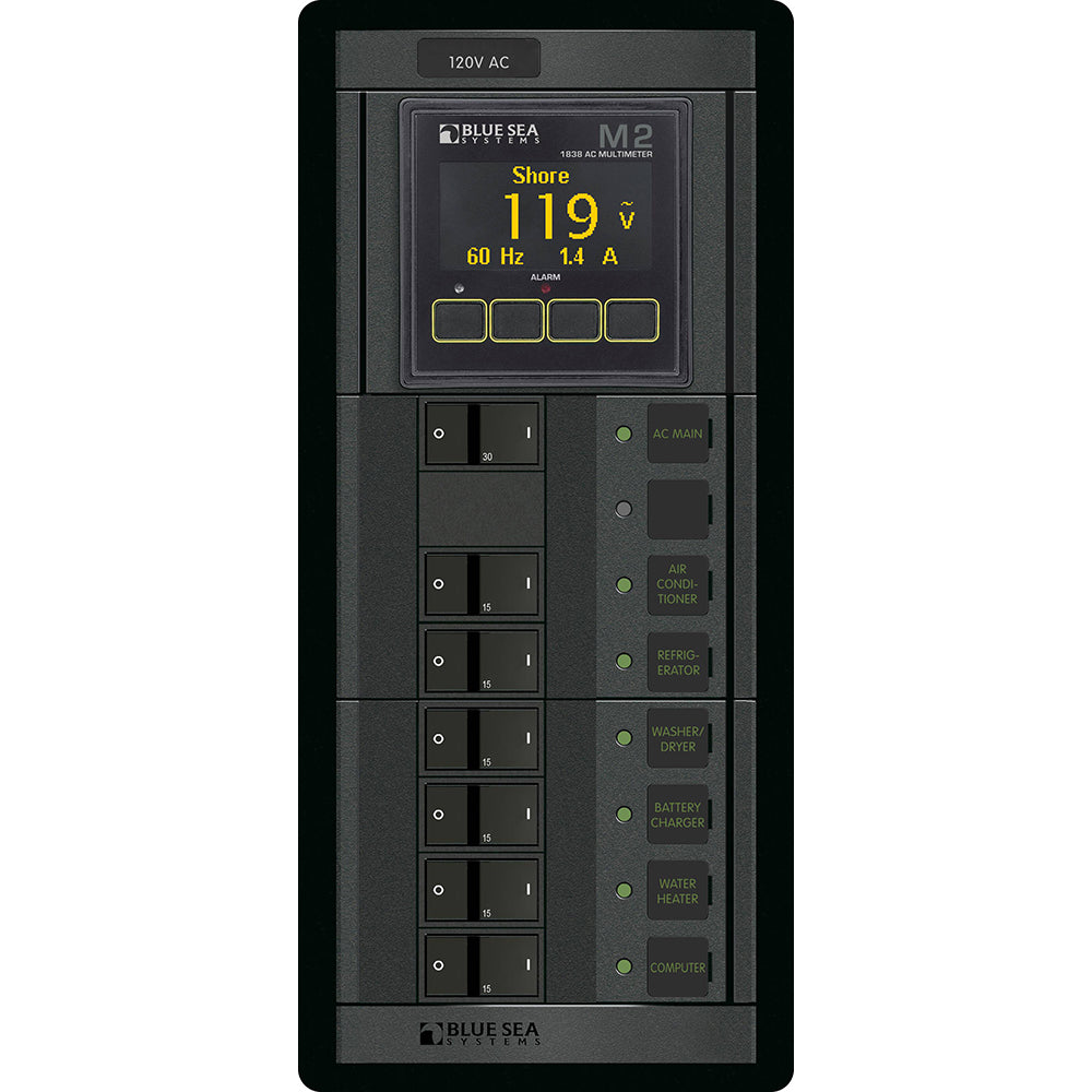 Blue Sea 1505 - 360 Panel - Main + 6 Position 120V AC Flat Rocker with M2 AC Multimeter | SendIt Sailing