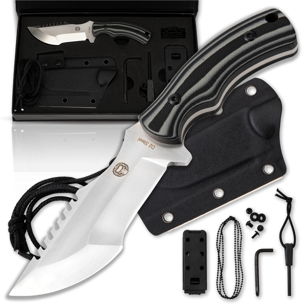 The Baby Tracker D2 Steel Bushcraft Survival Neck Knife Gift Set (Black and Gray)