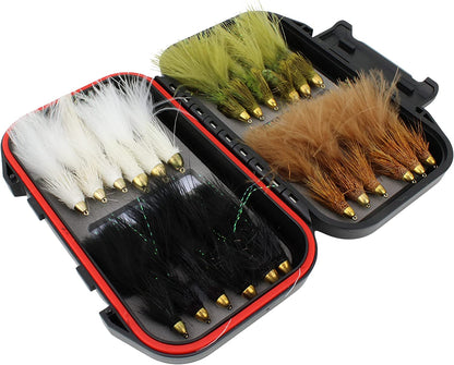 Wild Water Cone Head Wooly Bugger Fly Assortment, 24 Flies with Small Fly Box | SendIt Sailing
