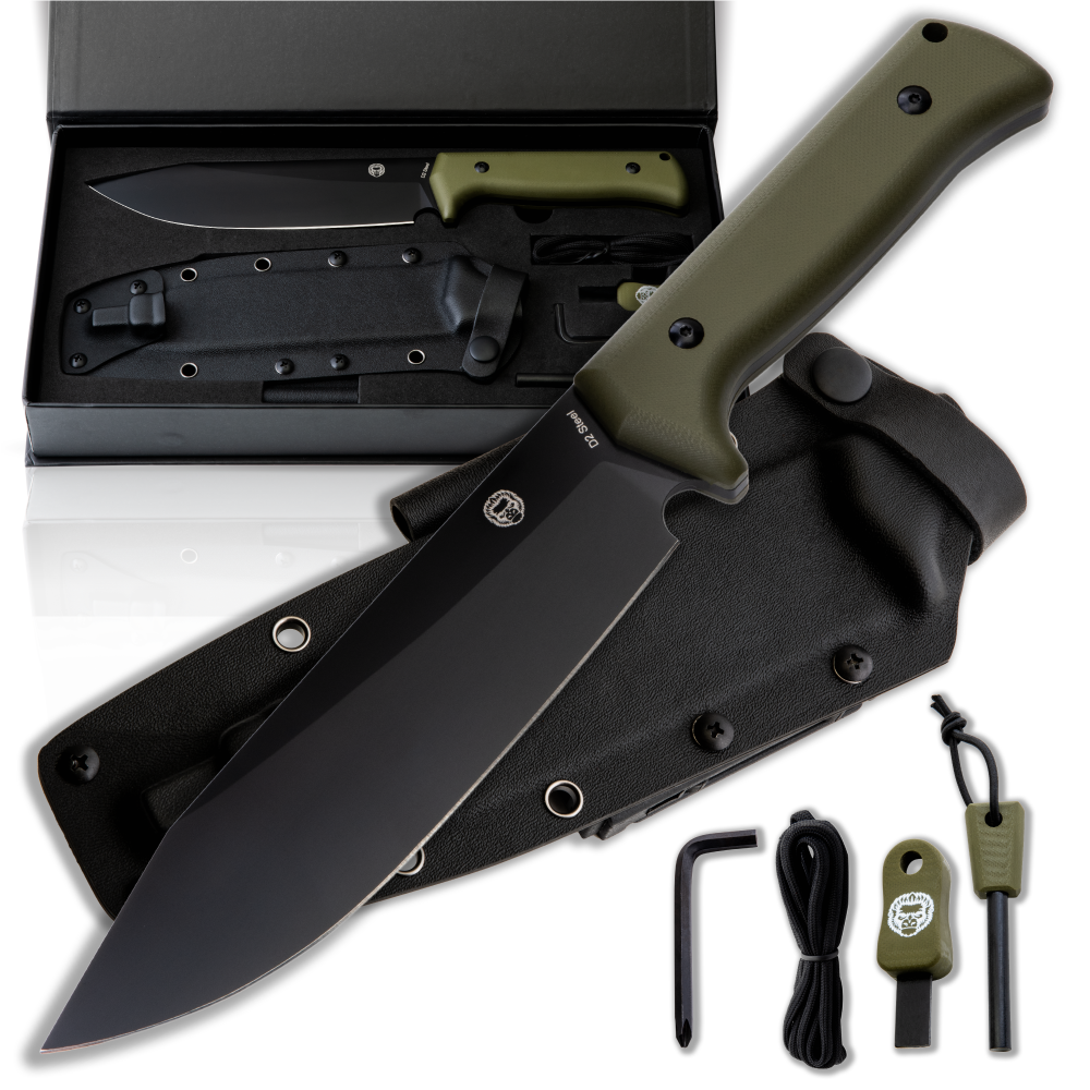The Congo D2 Steel Bushcraft Survival Knife Gift Set (Black Blade + Green Handle)