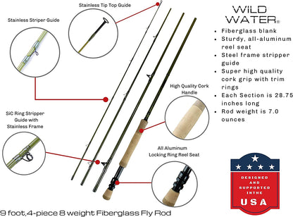 Wild Water Fly Fishing Kit with Fiberglass Rod 9 ft, 4-Piece, 8 wt Rod | SendIt Sailing