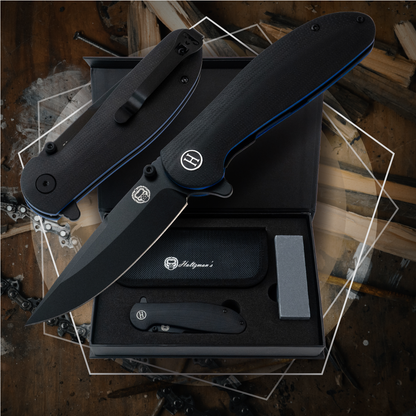 The Straight Back Folding Pocket Knife Giftset for Men and Women (Black and Blue)