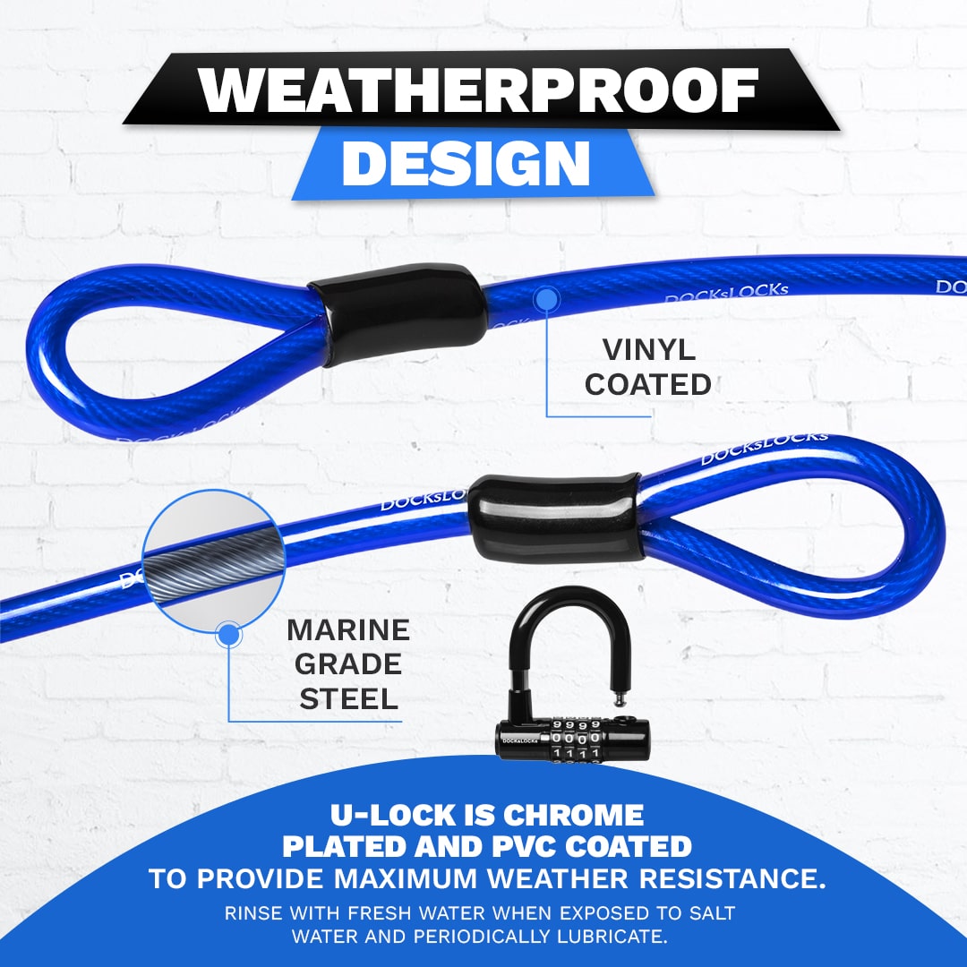 DocksLocks® Anti-Theft Weatherproof Coiled Security Cable with Looped Ends and Short Shackle U-Lock (5', 10', 15', 20' or 25') | SendIt Sailing