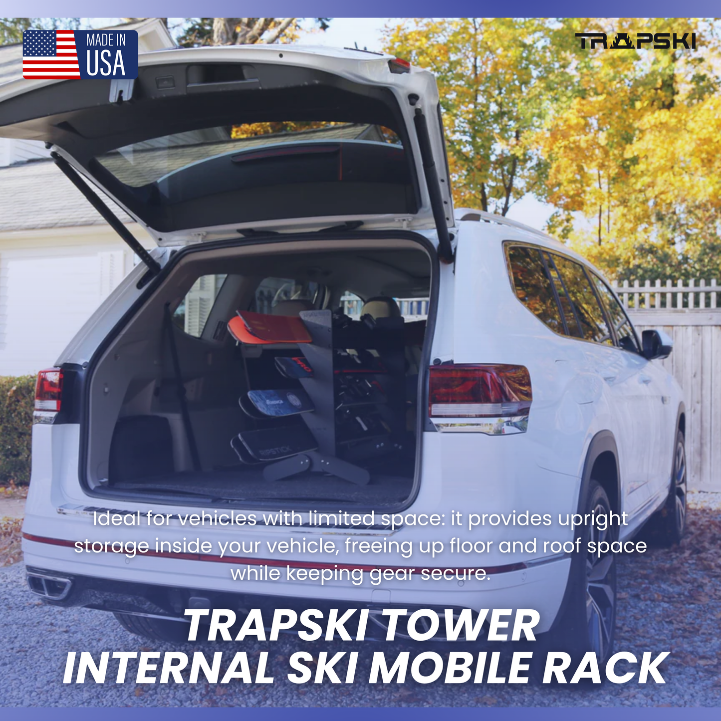 The TRAPSKI Tower with Security Strap | Internal Ski Mobile Rack | SUVs, Vans, Crossovers, Hatchbacks | Third Row SUVS