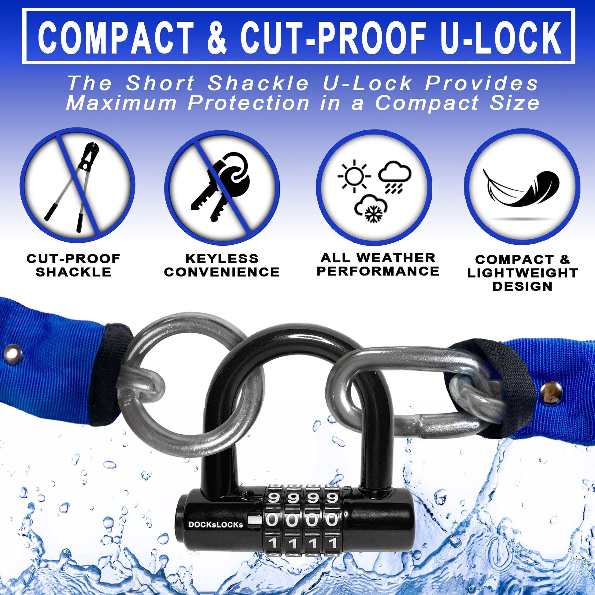 DocksLocks® Heavy Duty Cinch Style 8mm Security Chain - (3ft, 6ft or 10ft) - Weatherproof and Cut Proof with Short Shackle U-Lock | SendIt Sailing