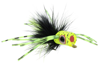 Wild Water Fly Fishing Green and Yellow Spider Legs Flat Face Mini Panfish Popper, Size 8 (Qty 4) | SendIt Sailing