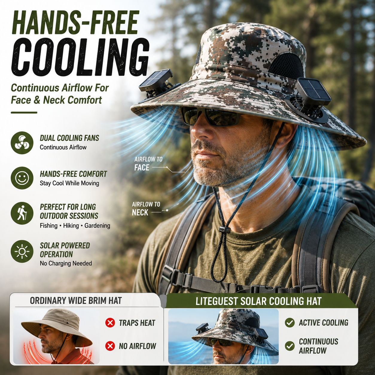 LITEGUEST Solar Fan Cooling Hat | Solar Powered UPF50+ Outdoor Cooling