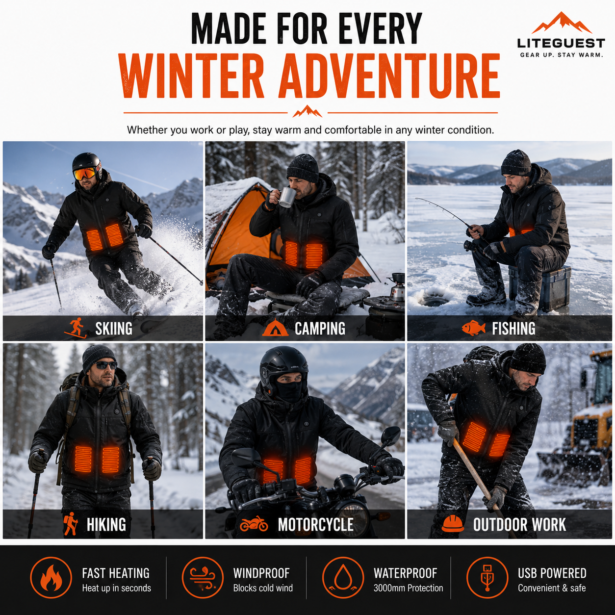 LITEGUEST 10-Zone Heated Softshell Jacket | USB Winter Jacket