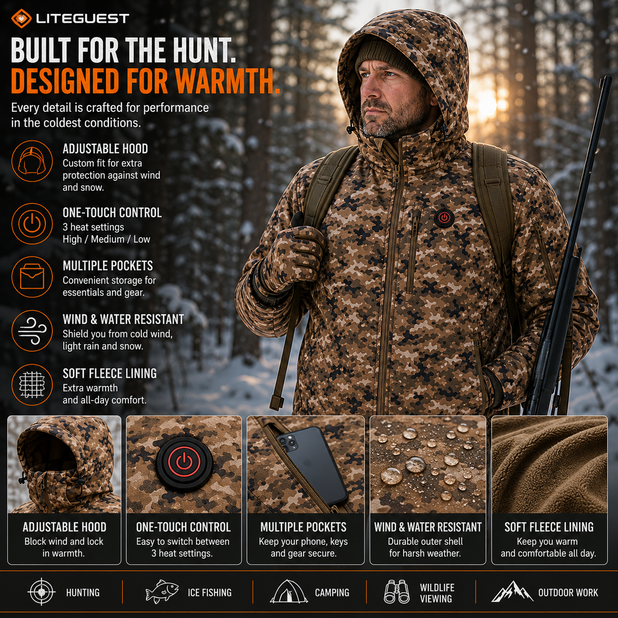 LITEGUEST 7-Zone Heated Jacket | Camo Outdoor Jacket with USB Power
