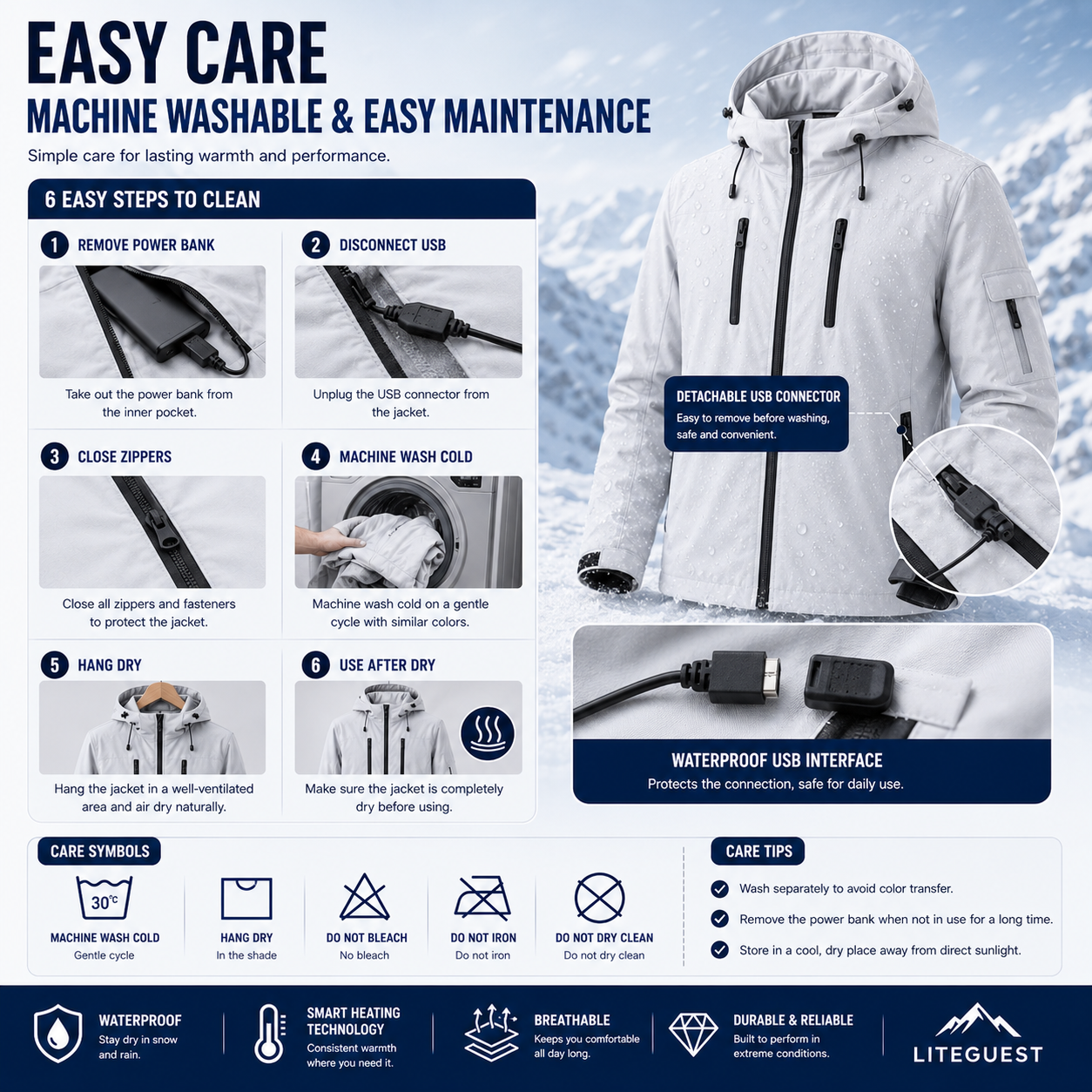 LITEGUEST 5-Zone Waterproof Heated Ski Jacket | USB Winter Coat