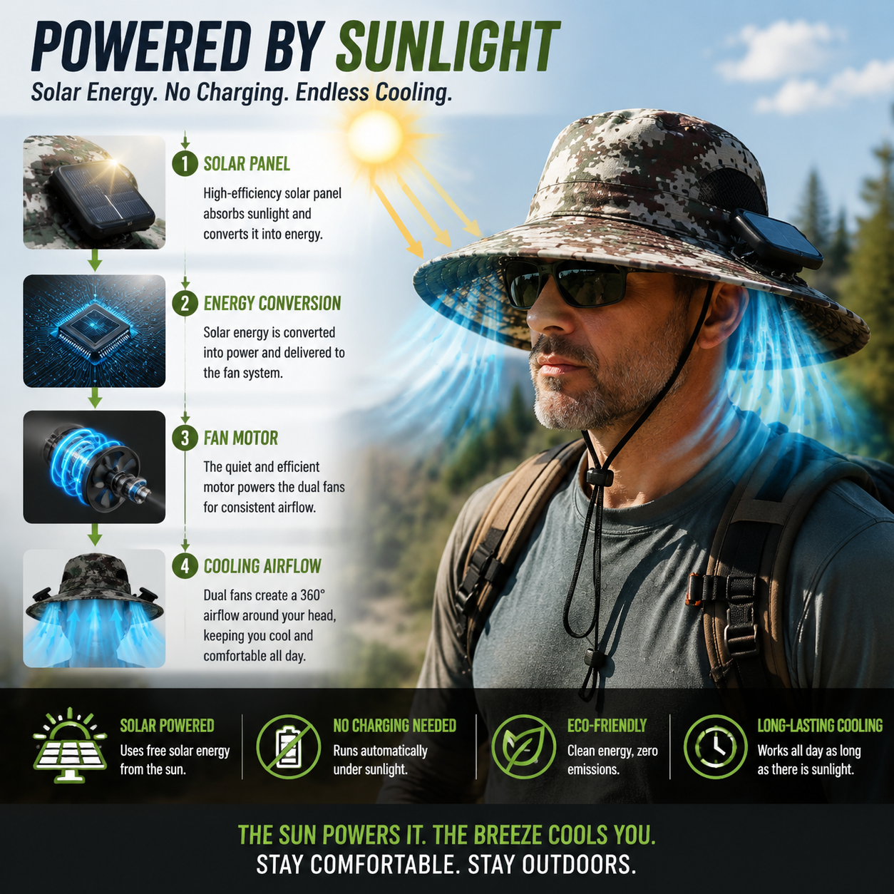 LITEGUEST Solar Fan Cooling Hat | Solar Powered UPF50+ Outdoor Cooling