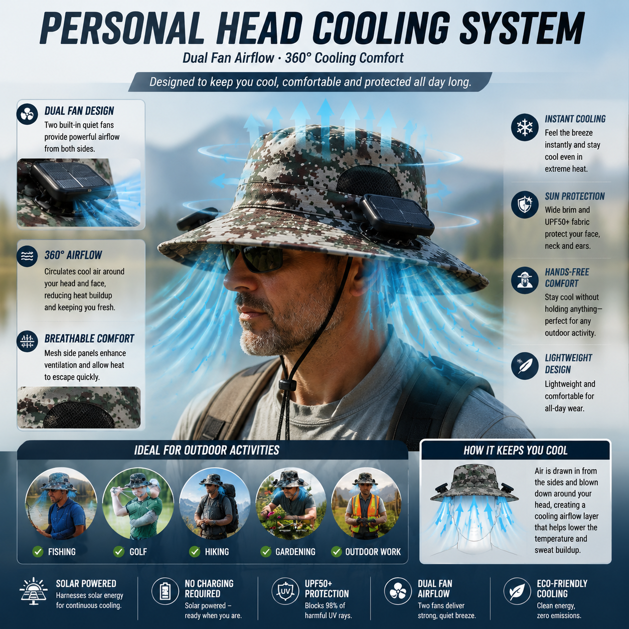 LITEGUEST Solar Fan Cooling Hat | Solar Powered UPF50+ Outdoor Cooling