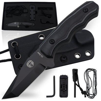 The Wakizashi Survival Neck Knife Giftset for Outdoors (Black Blade + Green Liner)