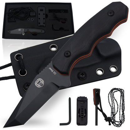 The Wakizashi Survival Neck Knife Giftset for Outdoors (Black Blade + Green Liner)