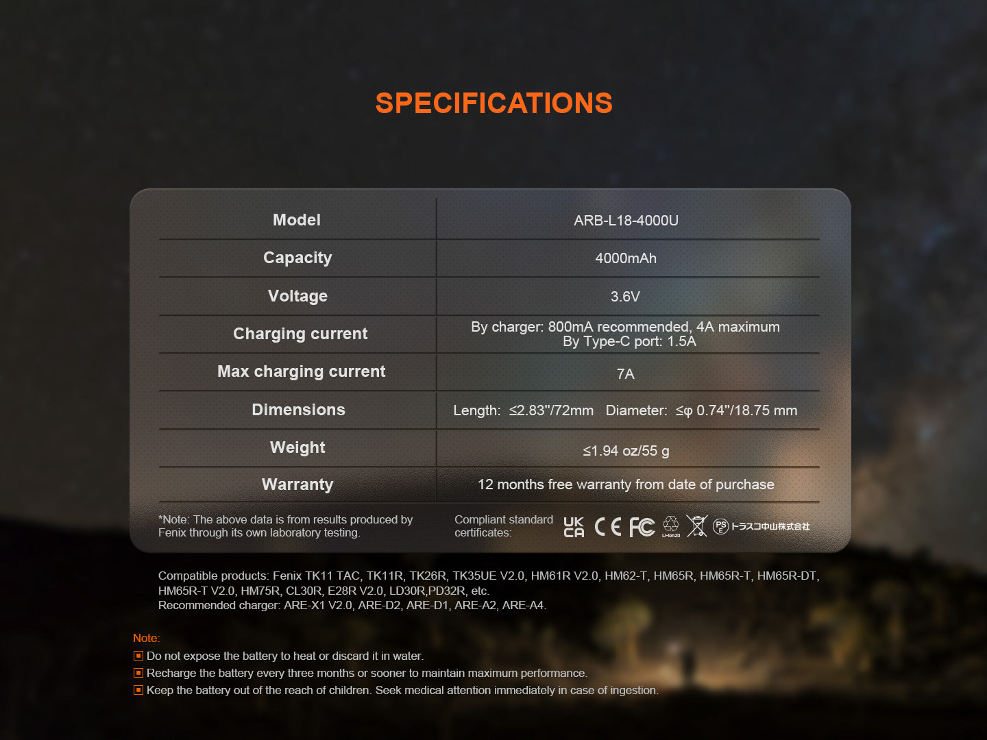 Fenix ARB-L18-4000U High-Capacity USB Rechargeable 18650 Battery - 4000mAh