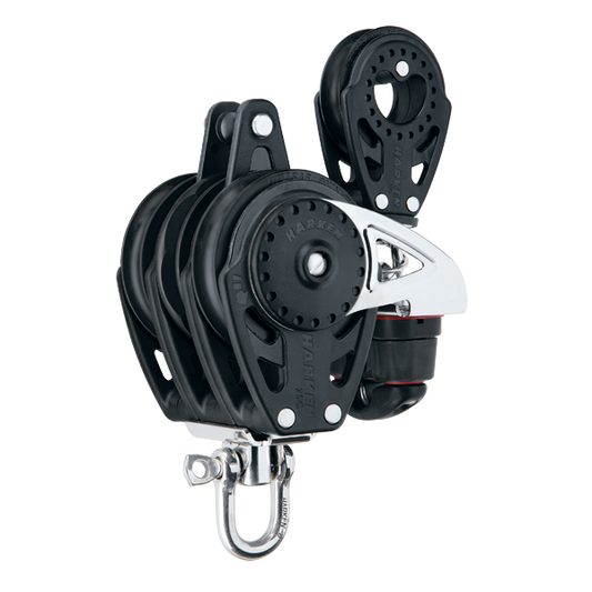 Harken 75mm Triple Ratchamatic Block Swivel, Becket, Cam Cleat, 57 mm Block | SendIt Sailing