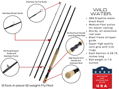 Wild Water Standard Fly Fishing Combo 9 ft, 4-Piece, 12 wt Rod | SendIt Sailing