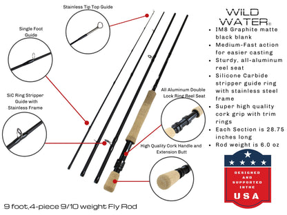 Wild Water Fly Fishing Kit, 9ft 9/10 Weight Rod and Reel Package | SendIt Sailing