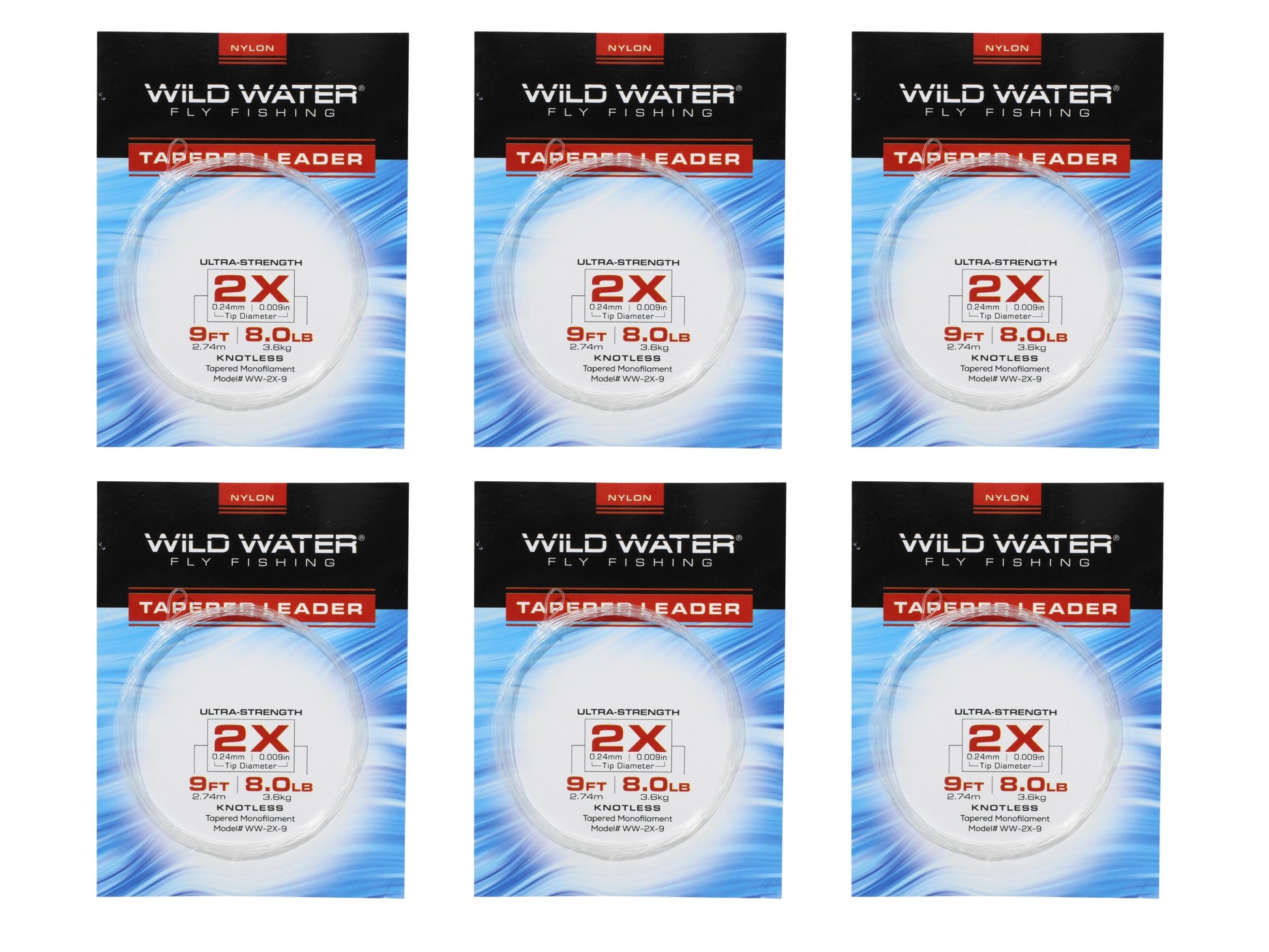 Wild Water Fly Fishing 9ft Tapered Monofilament Leader 2X (Qty 6) | SendIt Sailing