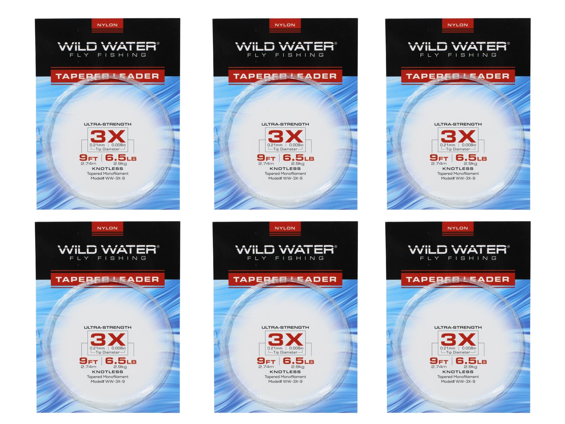 Wild Water Fly Fishing 9ft Tapered Monofilament Leader 3X (Qty 6) | SendIt Sailing