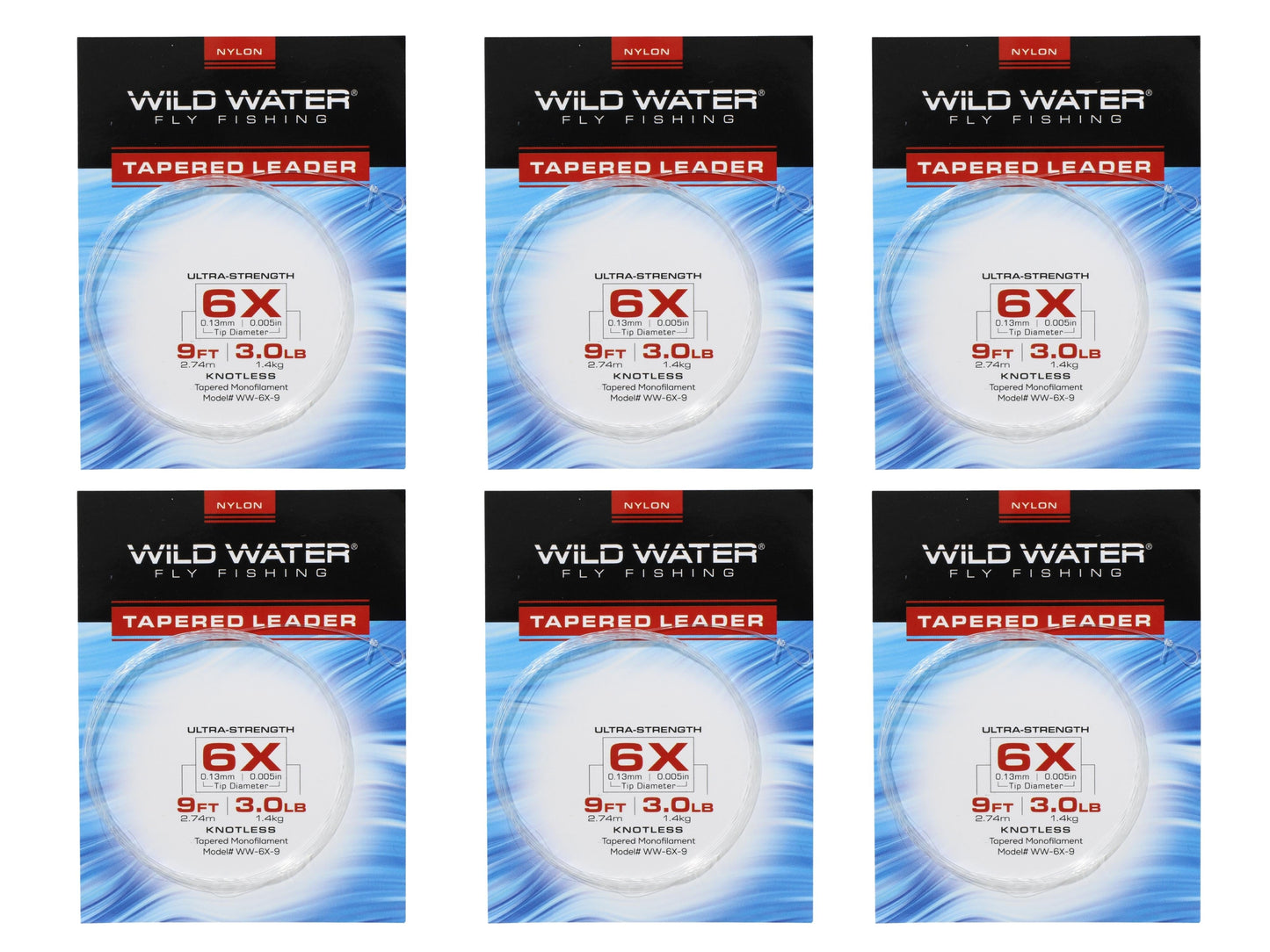 Wild Water Fly Fishing 9ft Tapered Monofilament Leader 6X (Qty 6) | SendIt Sailing