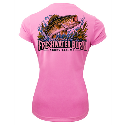 Freshwater Born Abbeville, MS Largemouth Bass Women's Short Sleeve UPF 50+ Dry-Fit Shirt