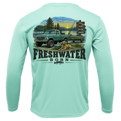 Freshwater Born- Fish, Hunt, Explore, Unwind Boy's UPF 50+ Dry-Fit Shirt
