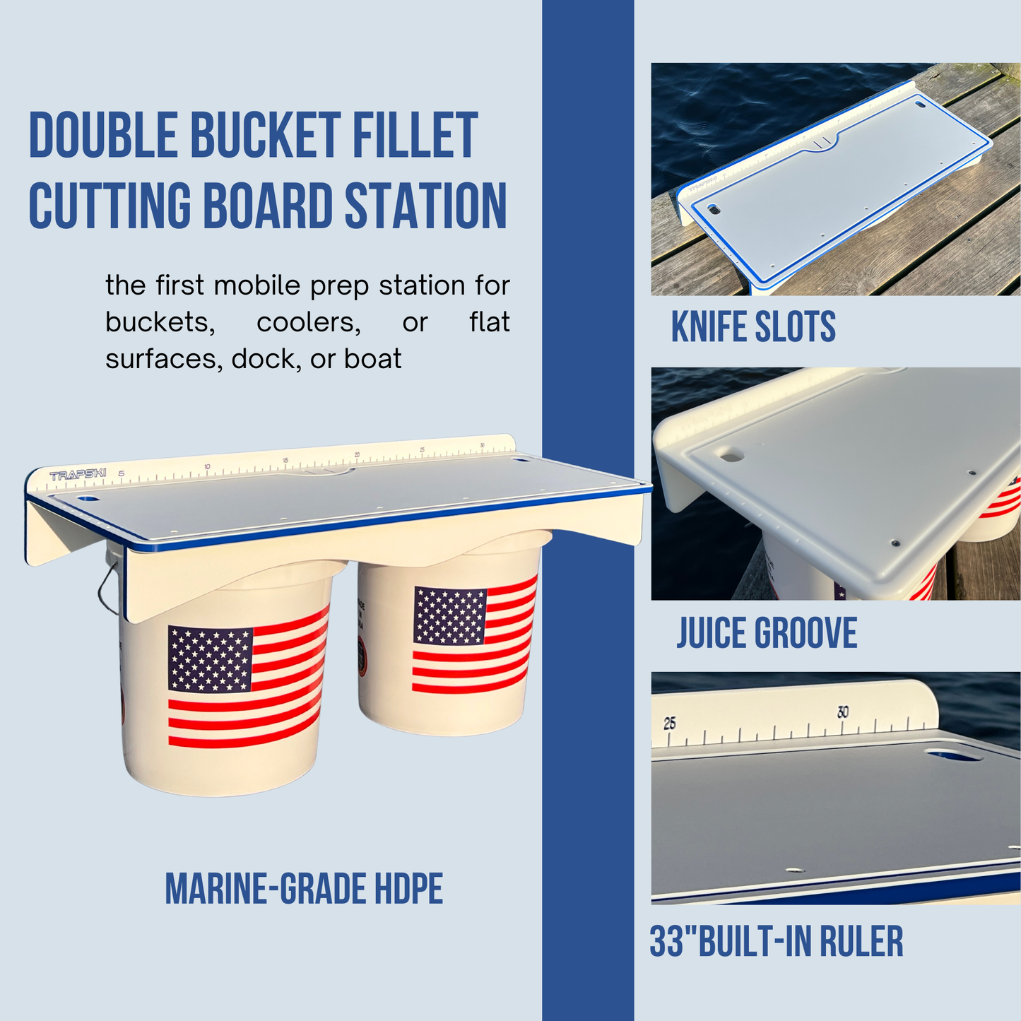 Made in the USA | Premium Double Bucket 33" Raised Fillet Table Cutting Board
