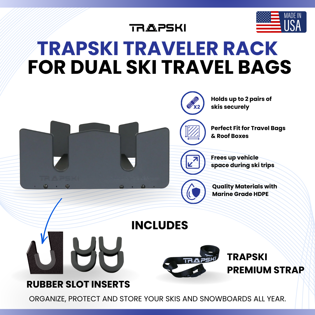 TRAPSKI Traveler Rack for Dual/Double Ski Travel Bags | Rack Insert is for Skis Only | High Quality Marine Grade HDPE Plastic | Slot Inserts & Strap Included | Made in the USA