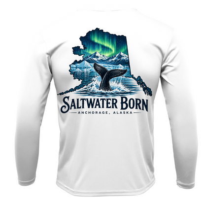 Anchorage, AK Northern Lights Whale Tail Boy's Long Sleeve UPF 50+ Dry-Fit Shirt