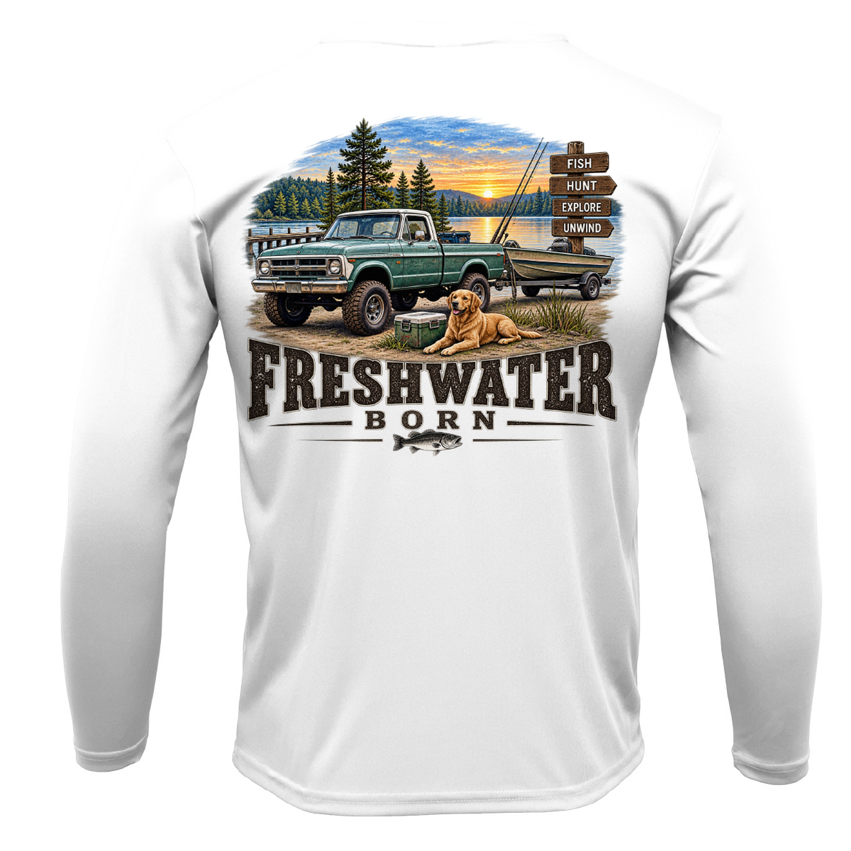 Freshwater Born- Fish, Hunt, Explore, Unwind Boy's UPF 50+ Dry-Fit Shirt