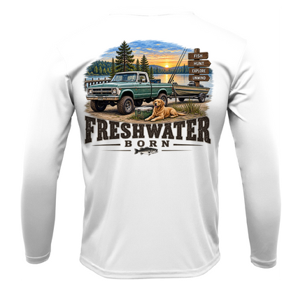 Freshwater Born- Fish, Hunt, Explore, Unwind Boy's UPF 50+ Dry-Fit Shirt