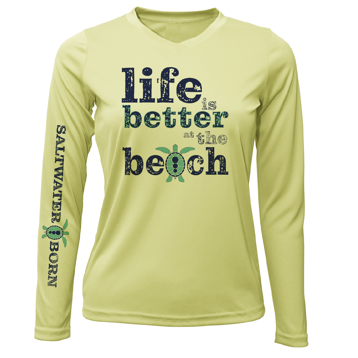 "Life Is Better At The Beach" Turtle Women's Long Sleeve UPF 50+ Dry-Fit Shirt (No Back)