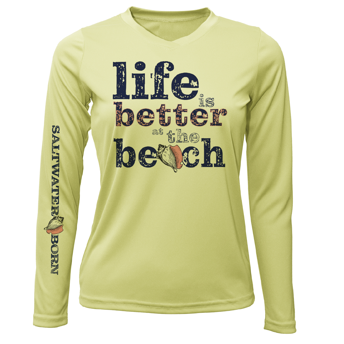 "Life Is Better At The Beach" Conch Women's Long Sleeve UPF 50+ Dry-Fit Shirt (No Back)