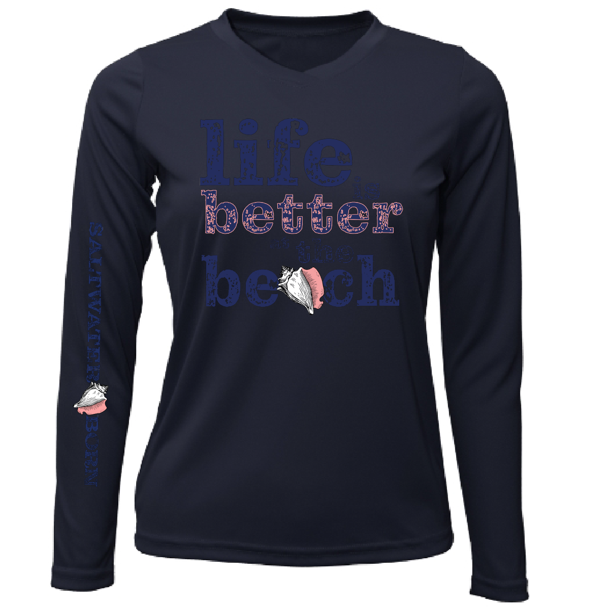"Life Is Better At The Beach" Conch Women's Long Sleeve UPF 50+ Dry-Fit Shirt (No Back)