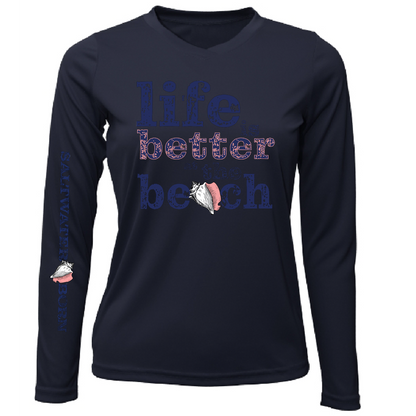 "Life Is Better At The Beach" Conch Women's Long Sleeve UPF 50+ Dry-Fit Shirt (No Back)