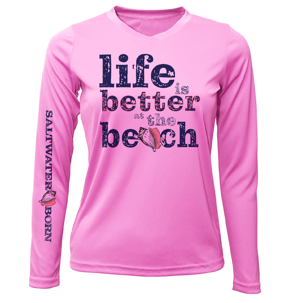 "Life Is Better At The Beach" Conch Women's Long Sleeve UPF 50+ Dry-Fit Shirt (No Back)