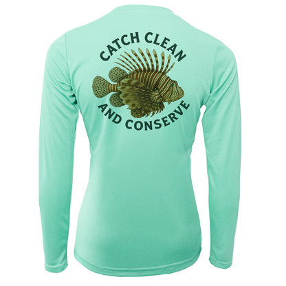 Key West, FL "Catch Clean Conserve" Lionfish Women's Long Sleeve UPF 50+ Dry-Fit Shirt