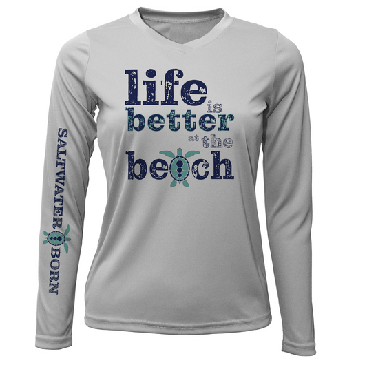 "Life Is Better At The Beach" Turtle Women's Long Sleeve UPF 50+ Dry-Fit Shirt (No Back)