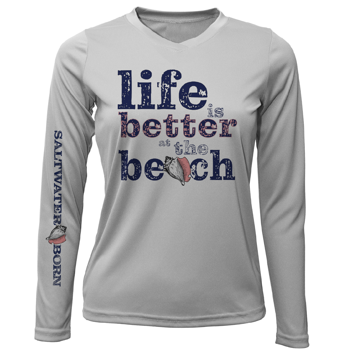 "Life Is Better At The Beach" Conch Women's Long Sleeve UPF 50+ Dry-Fit Shirt (No Back)