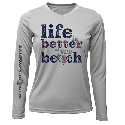 "Life Is Better At The Beach" Conch Women's Long Sleeve UPF 50+ Dry-Fit Shirt (No Back)