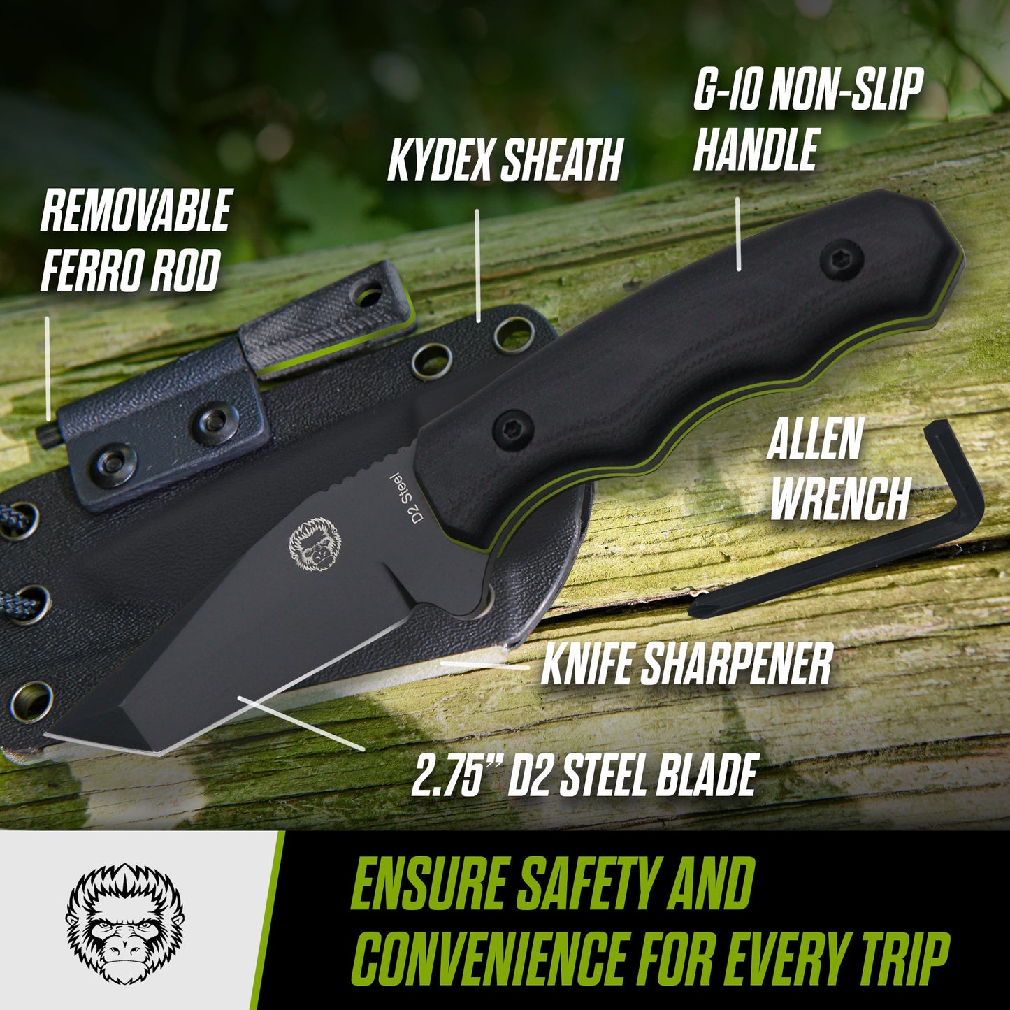The Wakizashi Survival Neck Knife Giftset for Outdoors (Black Blade + Green Liner)